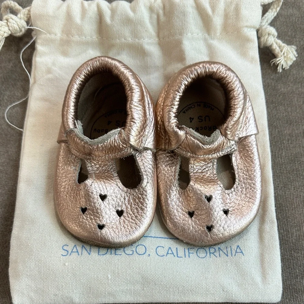 Kids Metallic Rose Gold Moccasin Shoes - Soft Leather Slip-On